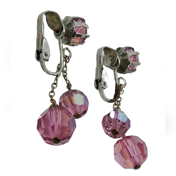 Vintage 1950s/60s Pink Aurora Borealis Crystal Dangle Clip-On Earrings - Picture 5 of 5